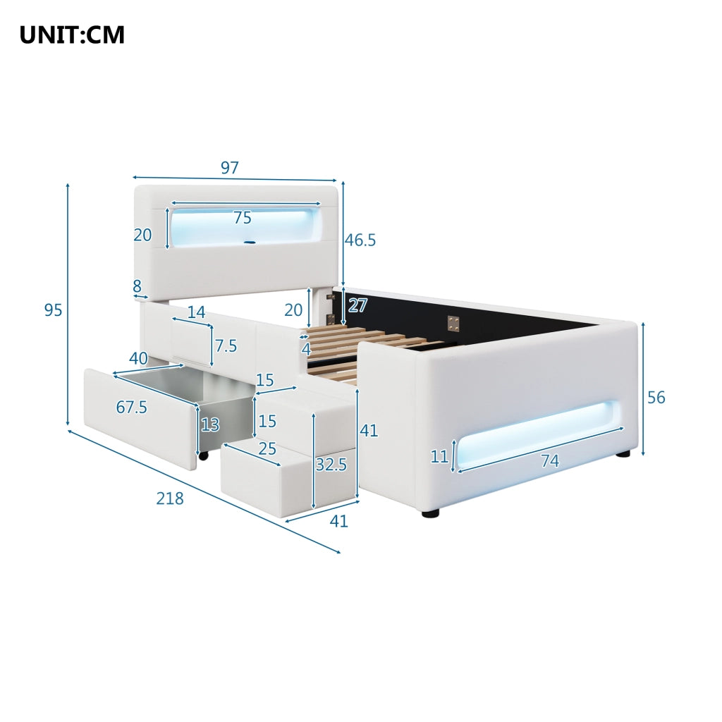 LETTO con cassetto 90x200 cm in PU bianco con LED