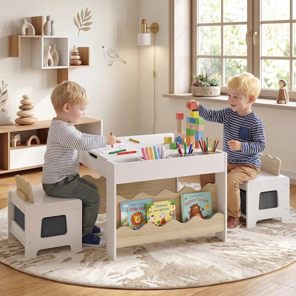 4 in 1 Set Tavolo e 2 Sedie per Bambini 3+ Anni (Naturale e Bianco) | Tavolo e Sedie con Lavagna Rimovibile, Sedia con Cassetto in Tessuto, Mobile in Legno Versatile per Cameretta e Soggiorno