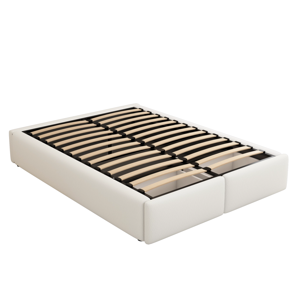 Letto imbottito 140x200 cm con contenitore idraulico e 2 cassetti; lino e MDF bianco