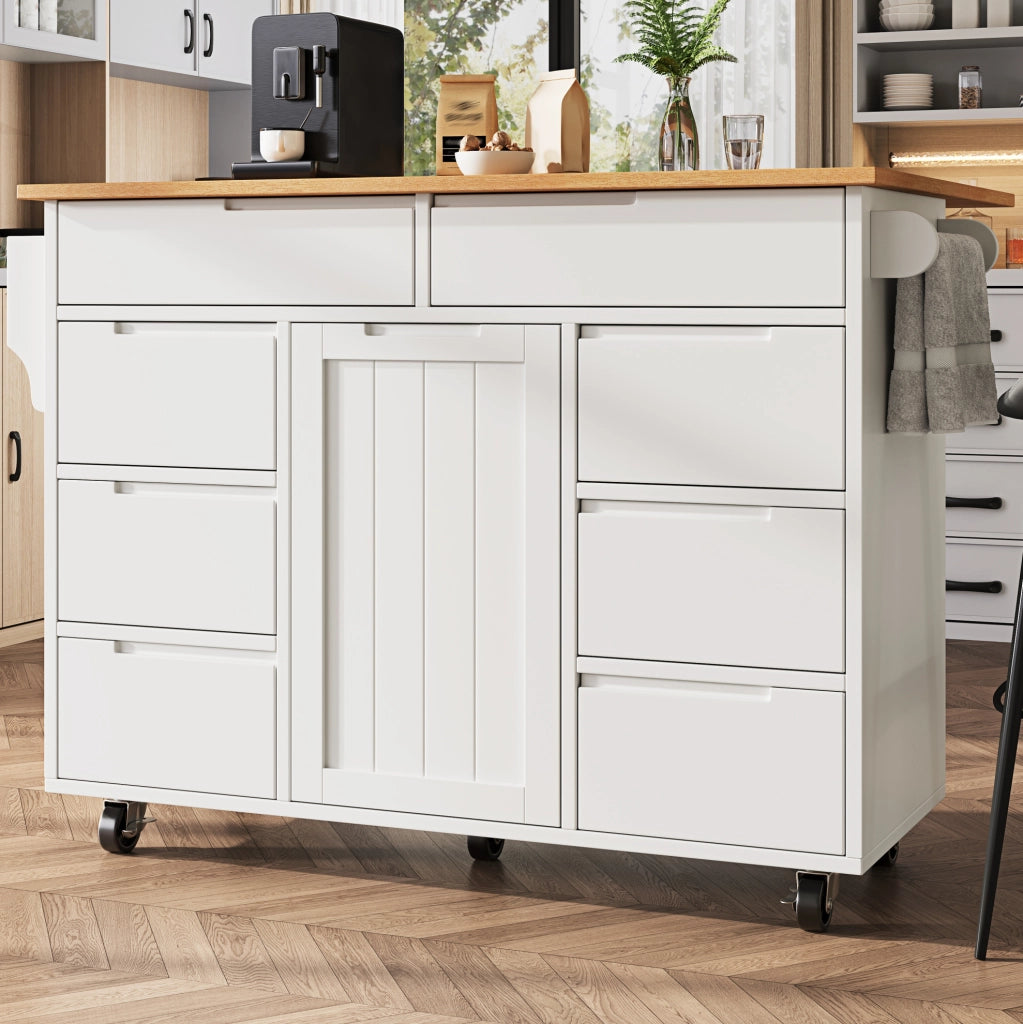 Isola da cucina 122x74.5x91.5 cm pieghevole con 8 cassetti; MDF bianco