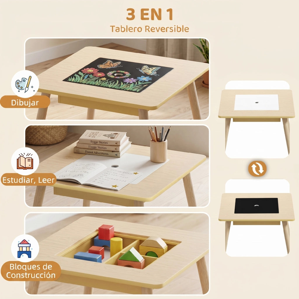 Set Tavolo e 2 Sedie per Bambini ¨C Xylo ¨C Legno Naturale e Bianco con Cassetti 60x60x44 cm