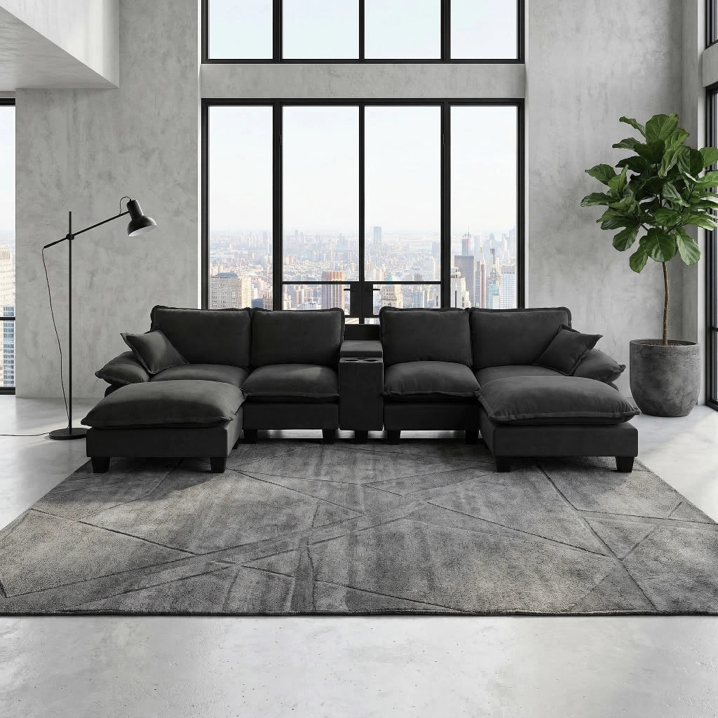 Divano panoramico a U modulare con contenitore; USB e portabicchieri in chenille - nero 362×151×90 cm