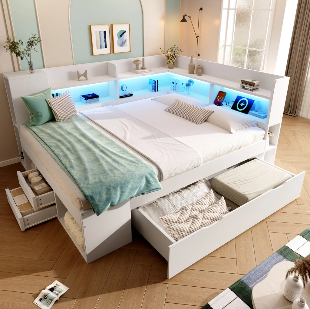 Letto da giorno 140x200 cm con materasso; LED; USB e Type-C; bianco
