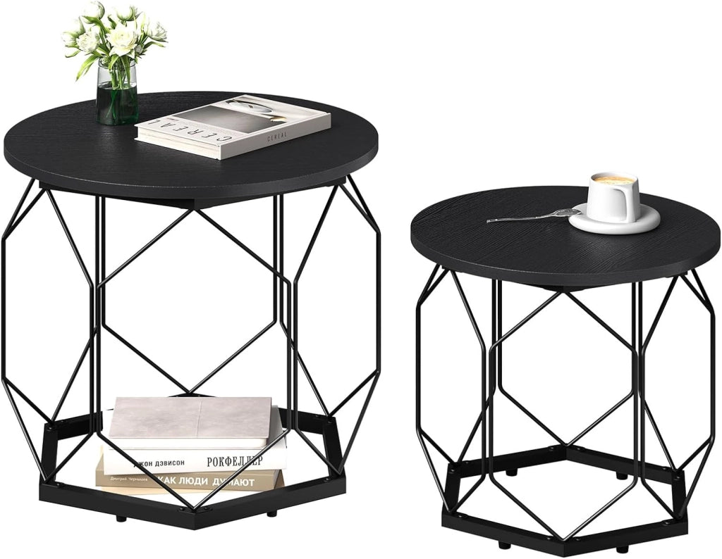 Set di 2 Tavolini da Salotto Rotondi, Tavolini Contenitori in Legno e Metallo, Tavoli Caffè con Piano Rimovibile, per Soggiorno, Camera da Letto, Legno Nero, BTS05szdc