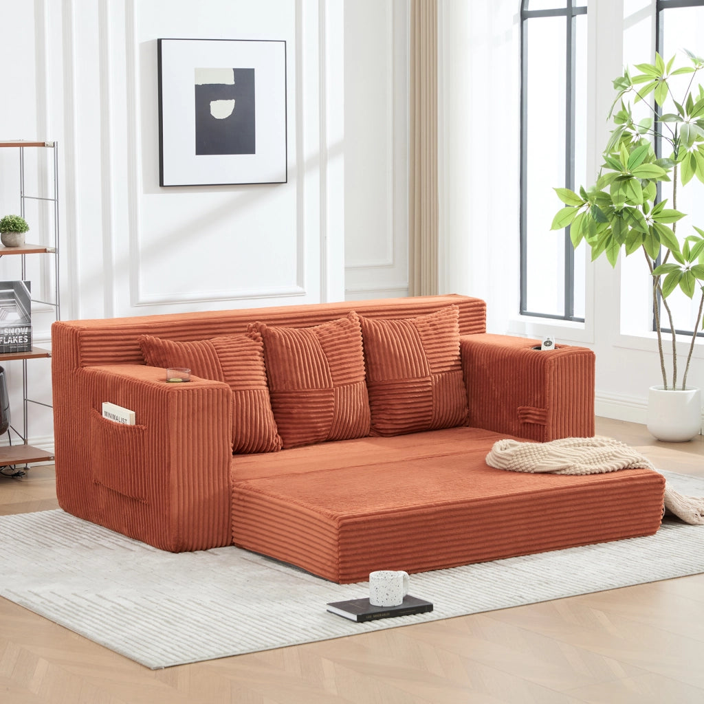 Divano modulare 172x87x64 cm trasformabile in cuscini separati in velluto a coste arancione