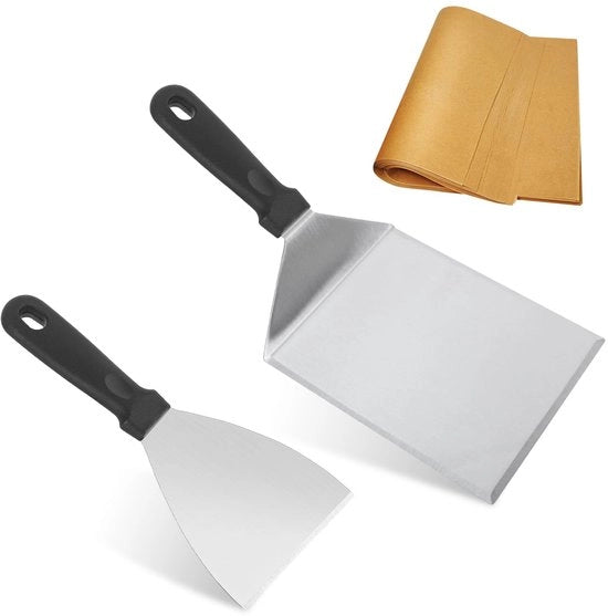 Set di Spatole per la Griglia 2 Pezzi - Manico in Legno - Acciaio Inossidabile - Attrezzatura per BBQ - Carta per Hamburger - Duraturo e Resistente al Calore - Attrezzatura per la Griglia