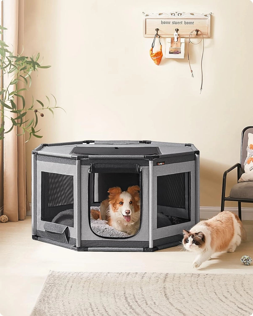 Feandrea Recinto per Cani di Tessuto Oxford, Recinto per Animali Ottagono, L, 112 x 112 x 62 cm, Telaio di Tubi in PVC, Rete Respirante, Tasca Portaoggetti, Grigio Scuro e Grigio Chiaro PDC003G01