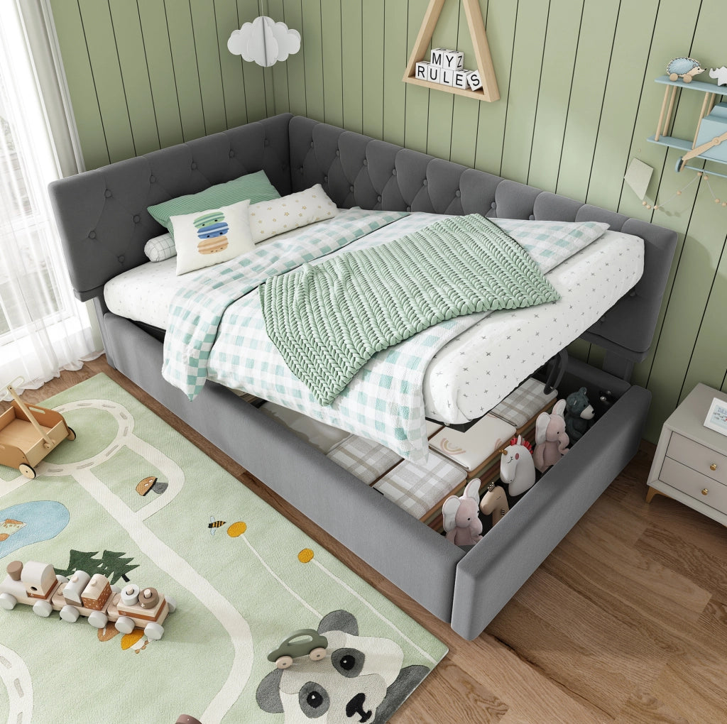 Letto imbottito 90x200 cm in velluto grigio con contenitore idraulico; testiera reversibile