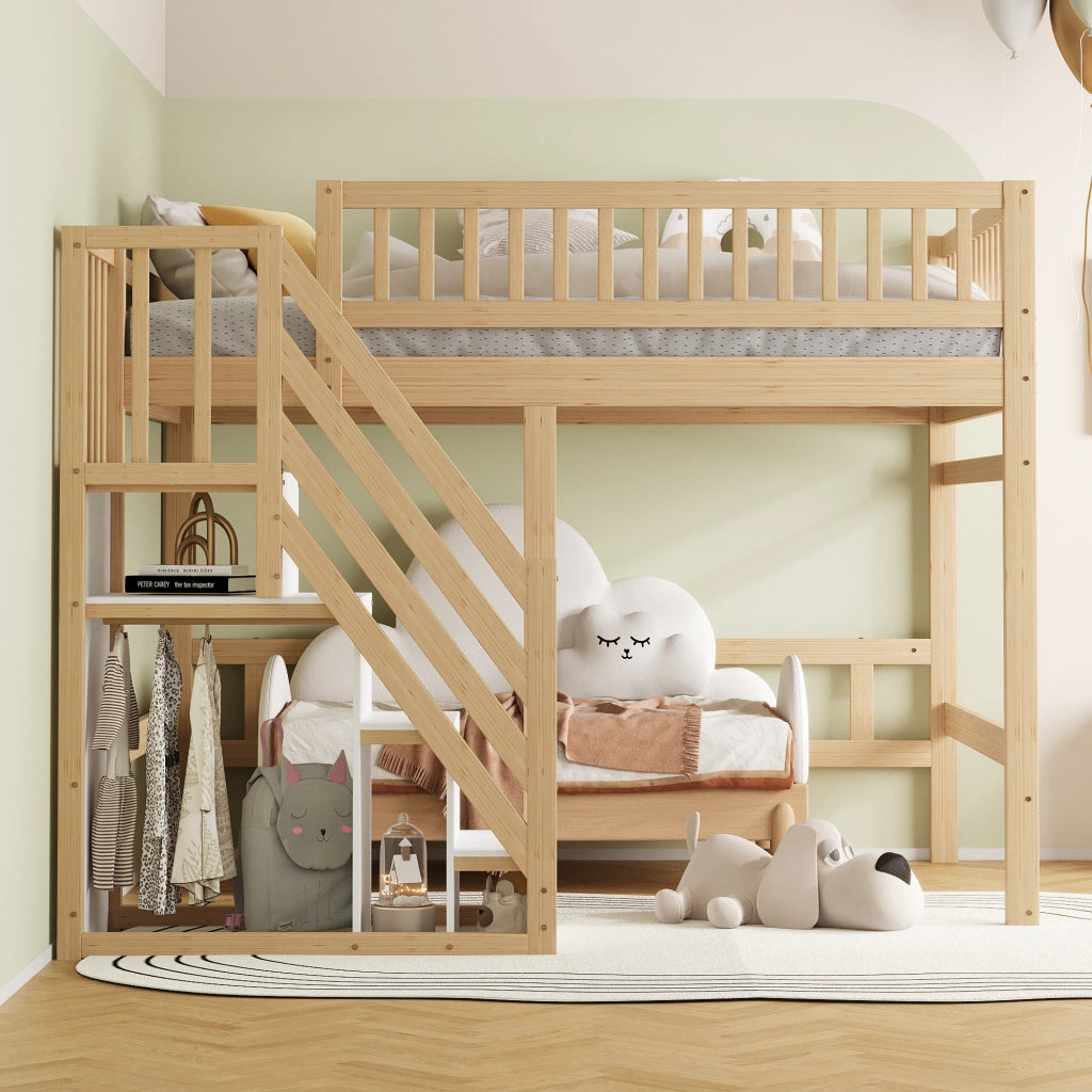 Letto singolo rialzato 140x200 cm in legno naturale con scala contenitore e sponda alta