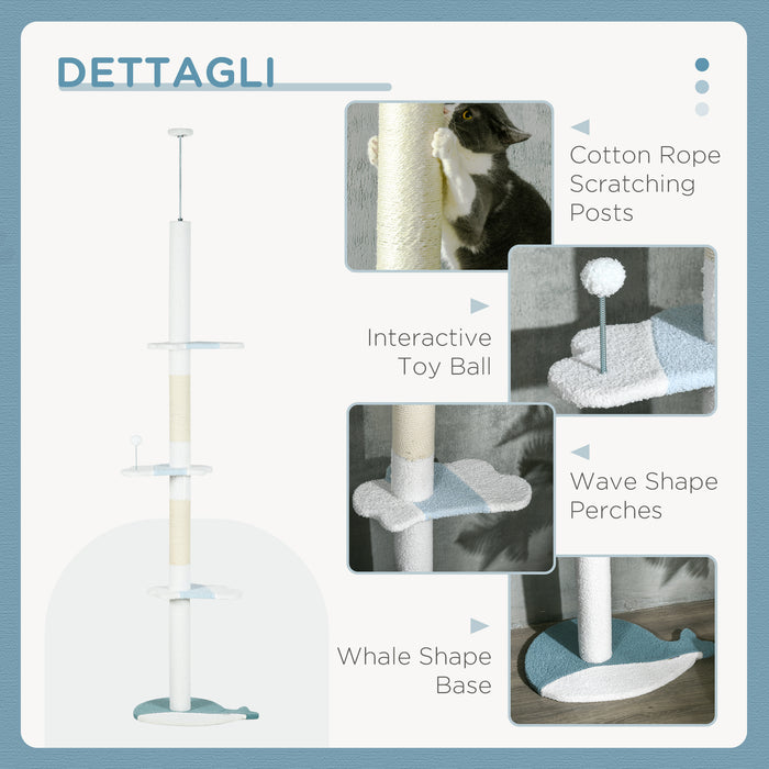 Albero Tiragraffi per Gatti a Soffitto con Palo Regolabile da 225-255 cm in Peluche Bianco