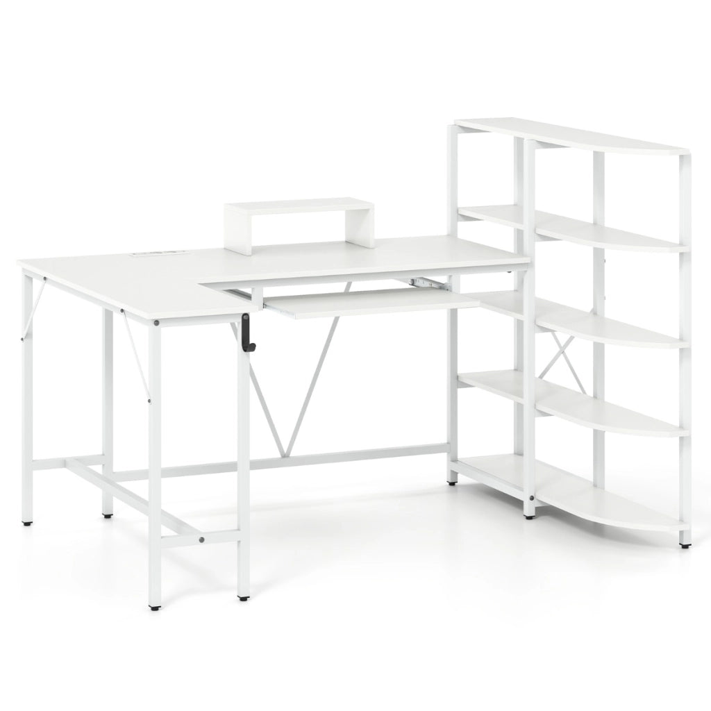 Scrivania angolare per computer con stazione di ricarica gancio per cuffie e vassoio per tastiera, Scrivania a forma di L con ripiani Bianco-Scrivanie