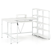 Scrivania angolare per computer con stazione di ricarica gancio per cuffie e vassoio per tastiera, Scrivania a forma di L con ripiani Bianco-Scrivanie