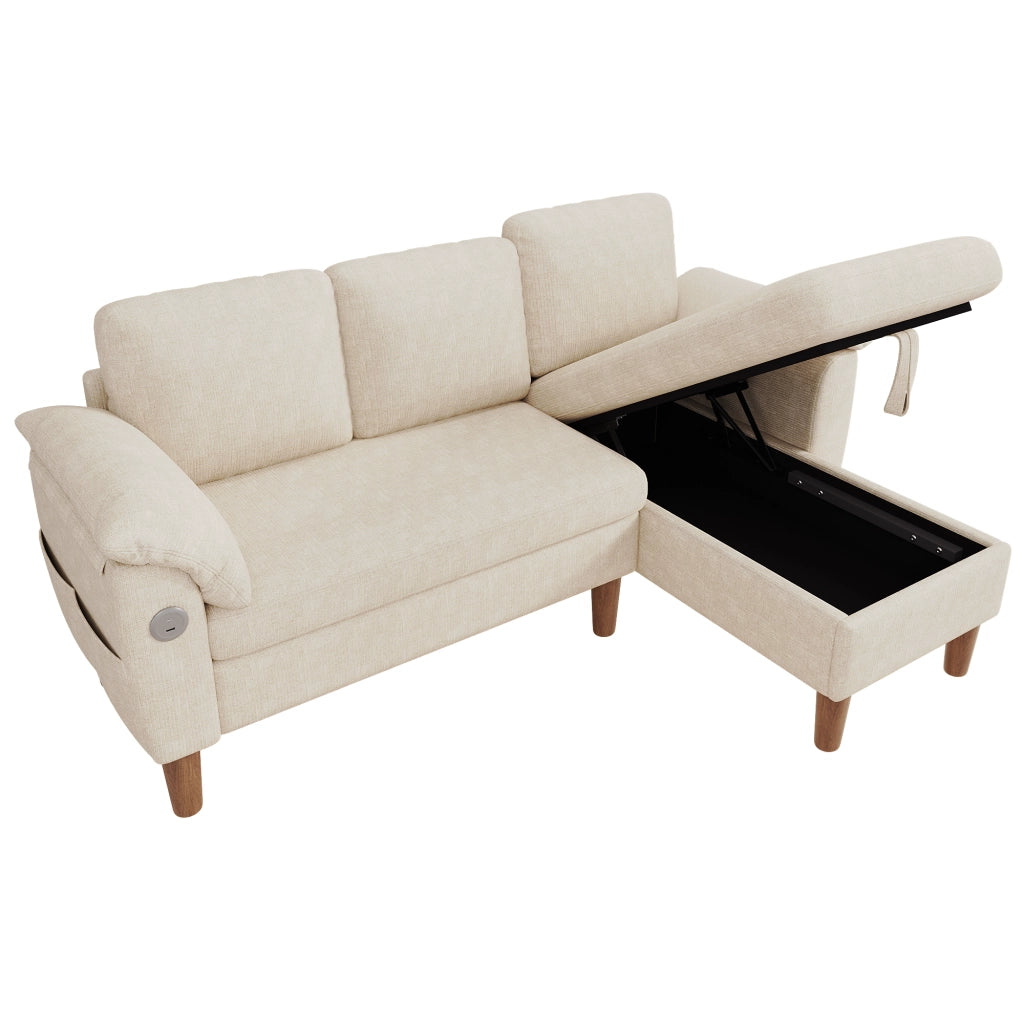 Divano angolare 3 posti con chaise longue contenitore e USB in chenille beige