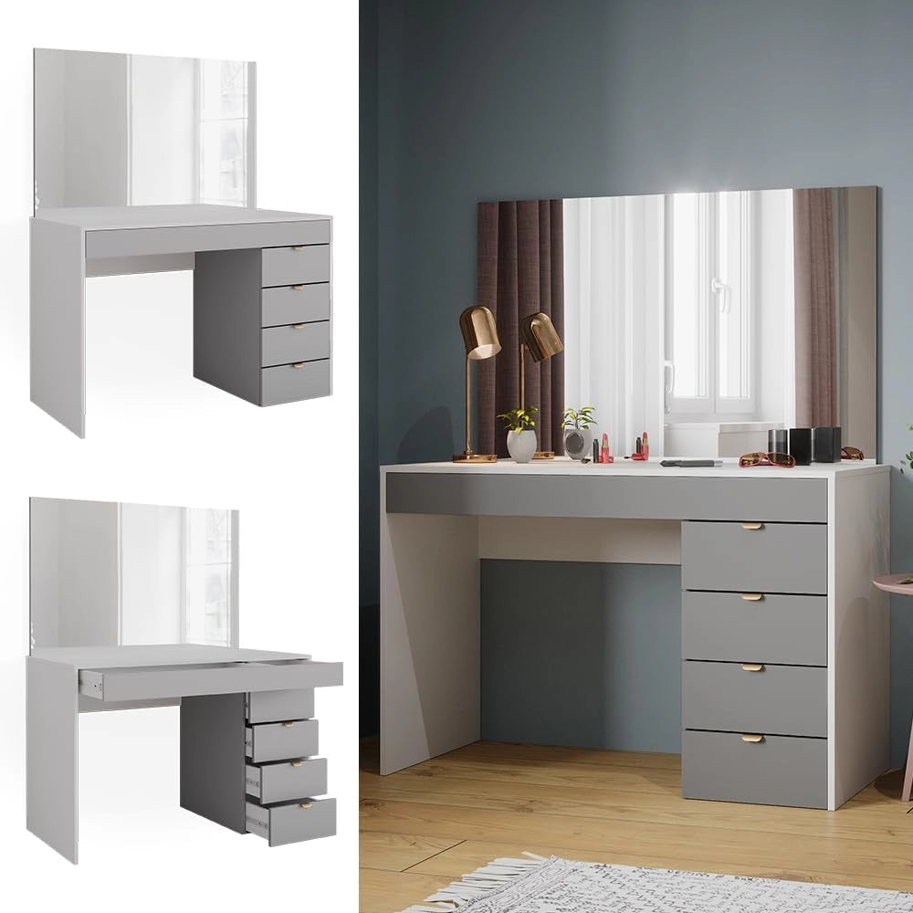 Tavolo da toeletta Elise, Bianco/grigio/grigio, 115 cm con specchio, con specchio fisso integrato per l’uso quotidiano