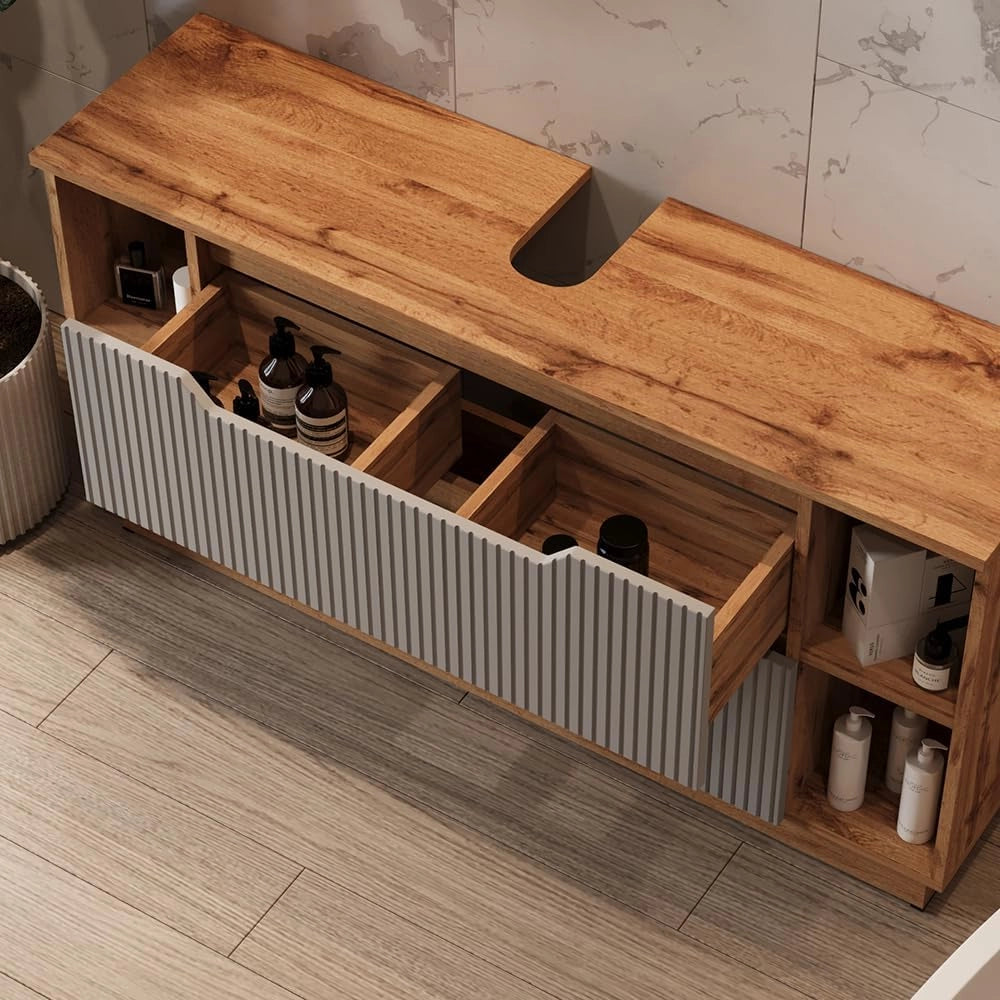 Mobile sottolavabo per bagno Lotta, Rovere/grigio a righe, 119.2 x 62.5 cm con 2 cassetti