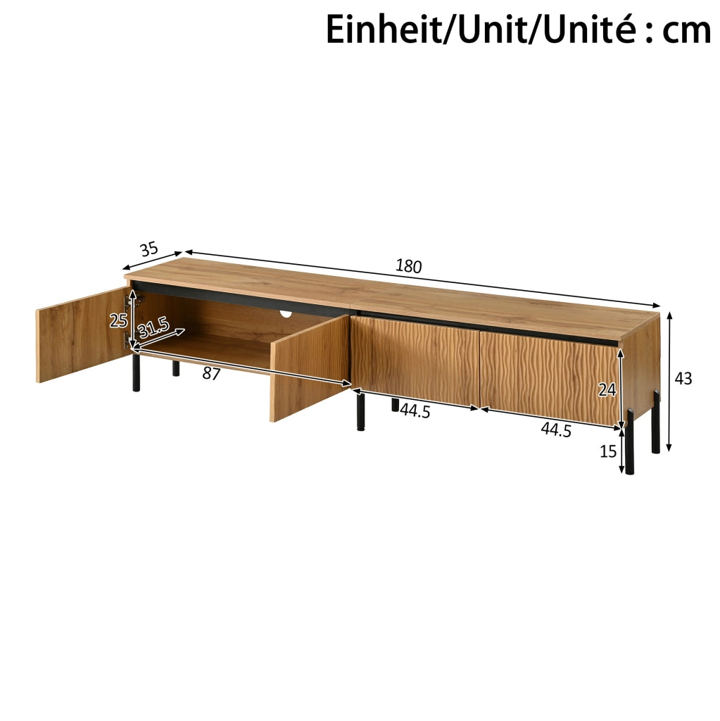 Mobile TV 180x35x43 cm con 4 ante a rilievo ondulato e passacavi; in MDF e truciolare; naturale