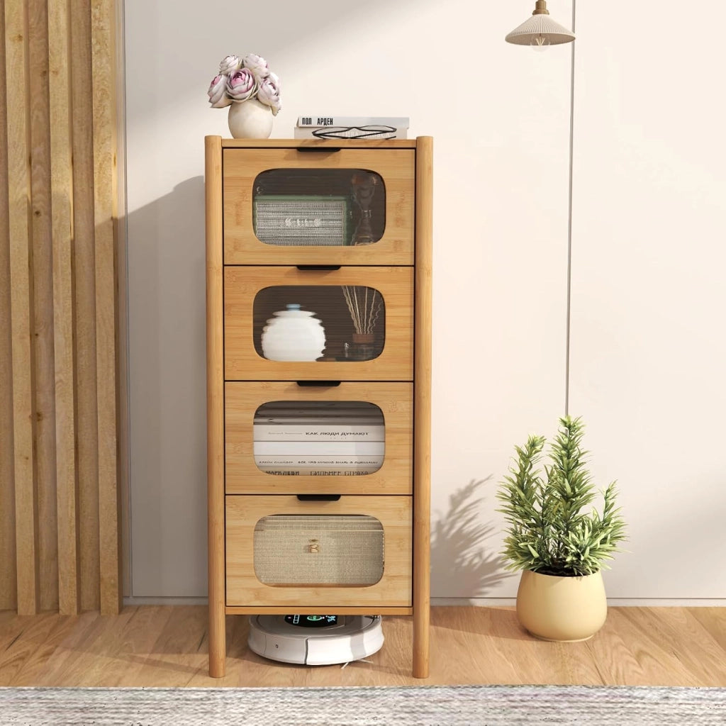 Cassettiera a 4 Cassetti in Bambù e Vetro, Cassettiera Alta per Camera da Letto, Credenza Salvaspazio per Soggiorno, Ingresso e Corridoio, 40 x 40 x 97 cm, Naturale