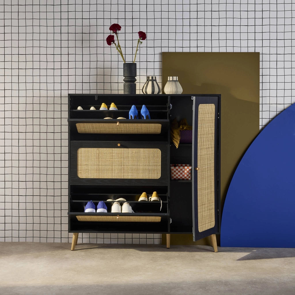 Scarpiera con decoro in legno e canna, 3 ante, nero