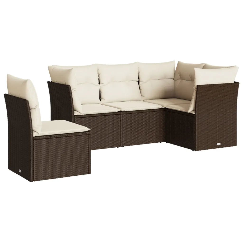 Set Divano da Giardino 5 pz | Set Salotto da Giardino con Cuscini Marrone in Polyrattan