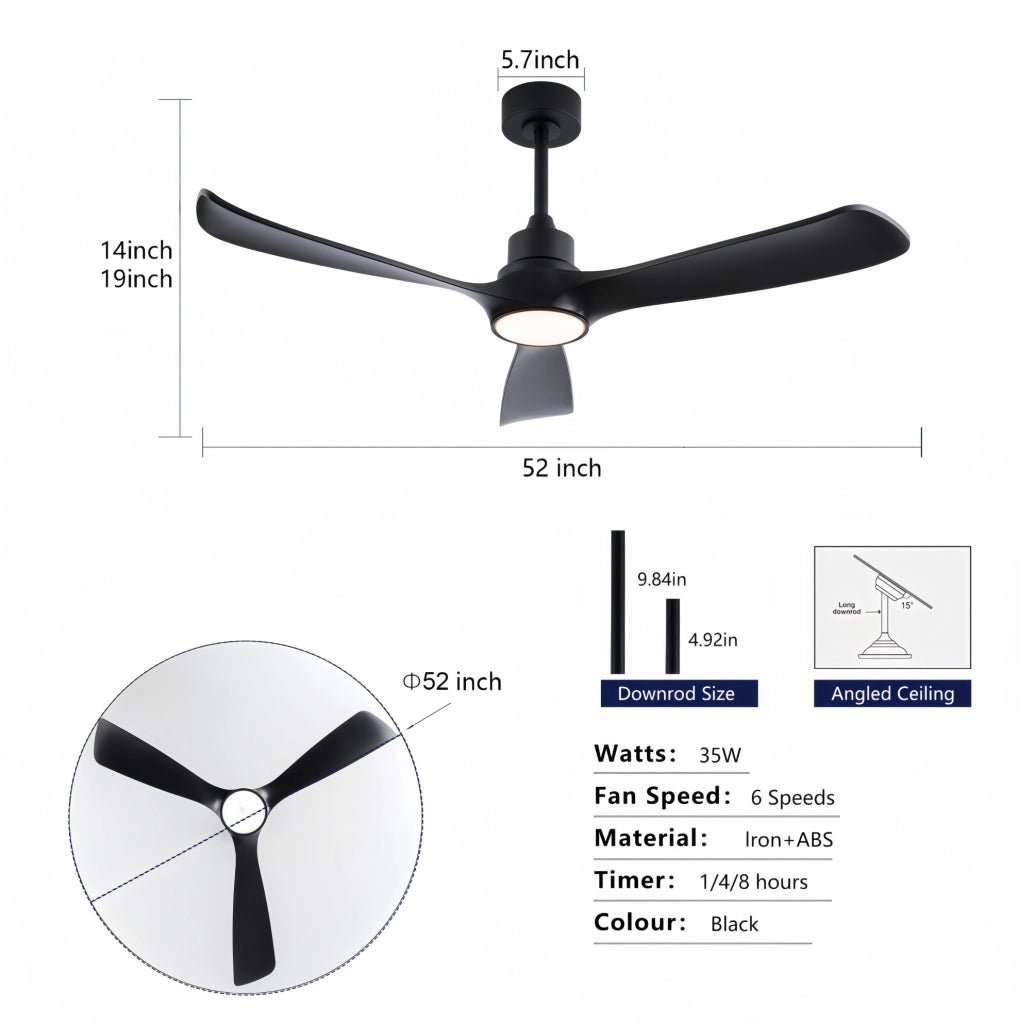 Ventilatore da soffitto nero 52 pollici con luce; 6 velocità; motore DC reversibile; ABS