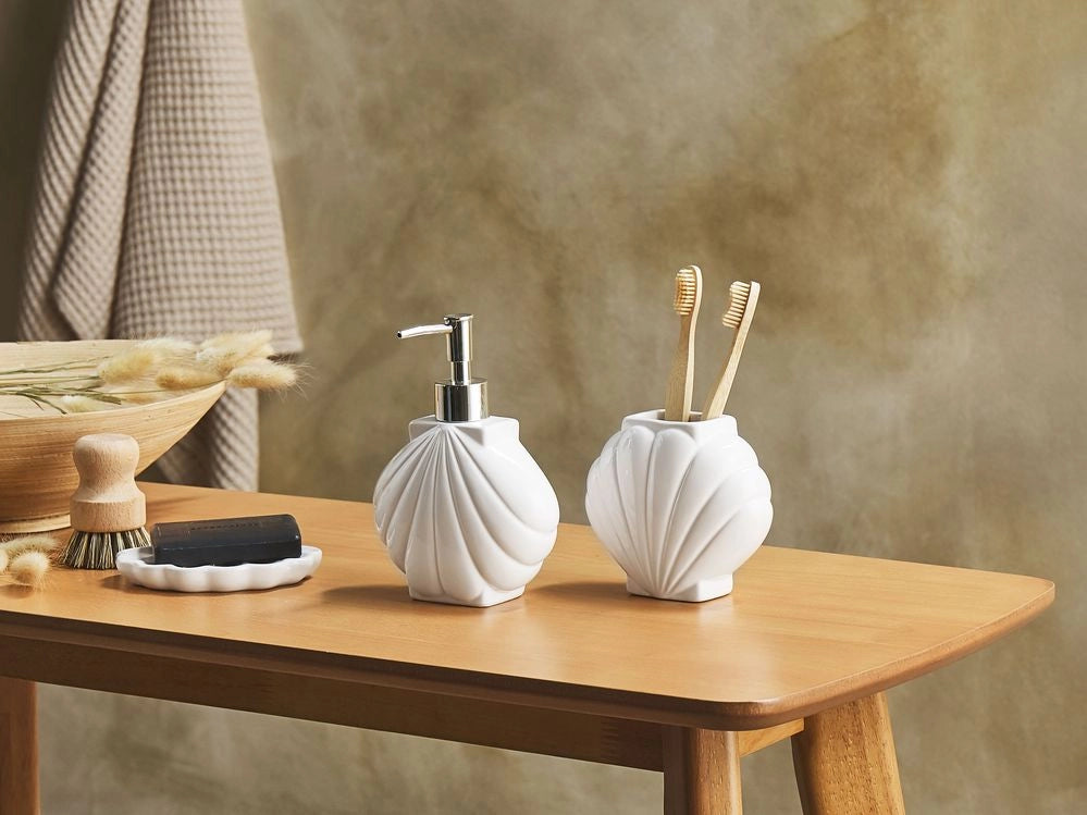 Set di 3 Accessori Bagno in Ceramica bianca dispenser sapone porta sapone portaspazzolini