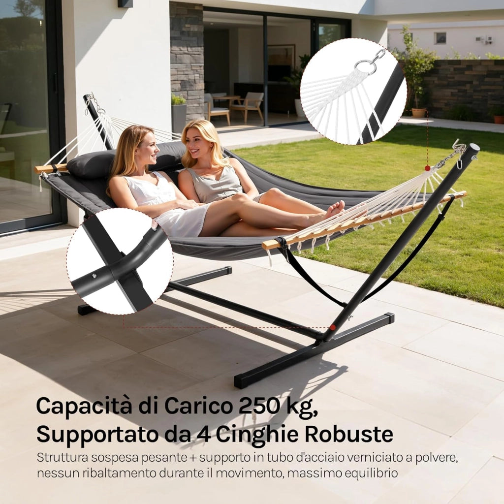 Amaca da Giardino con Supporto, Tasca Laterale e Cuscino, Capacità di Carico 250 kg, Ampia Amaca Doppia per Terrazza, Balcone, Campeggio, Grigio Scuro