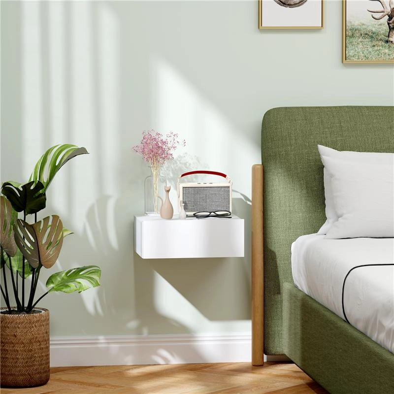 COMODINO SOSPESO MODERNO CON CASSETTO IN LEGNO 40X30X15 CM BIANCO