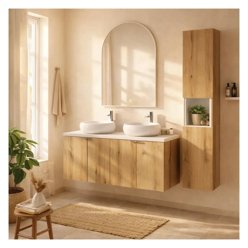Set VANO finitura quercia e bianco 150cm : mobile sottolavabo con ante + piano per lavabo + lavabo da appoggio rotondo + colonna
