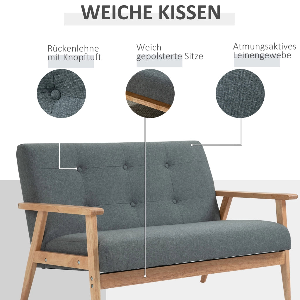 Divano a 2 posti compatto con imbottitura e rivestimento in lino grigio scuro per soggiorno 115 × 66,5 × 73 cm