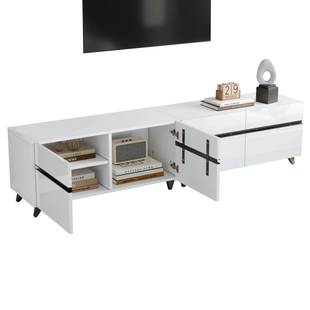Mobile porta TV con 4 ante e ripiani regolabili finitura lucida per soggiorno in MDF bianco 180 × 40 × 49 cm
