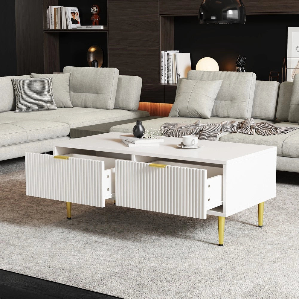 Tavolino da Caff¨¨ Moderno ¨C MINIMAL ¨C Bianco con Dettagli Oro, 2 Cassetti, 100x50x40 cm