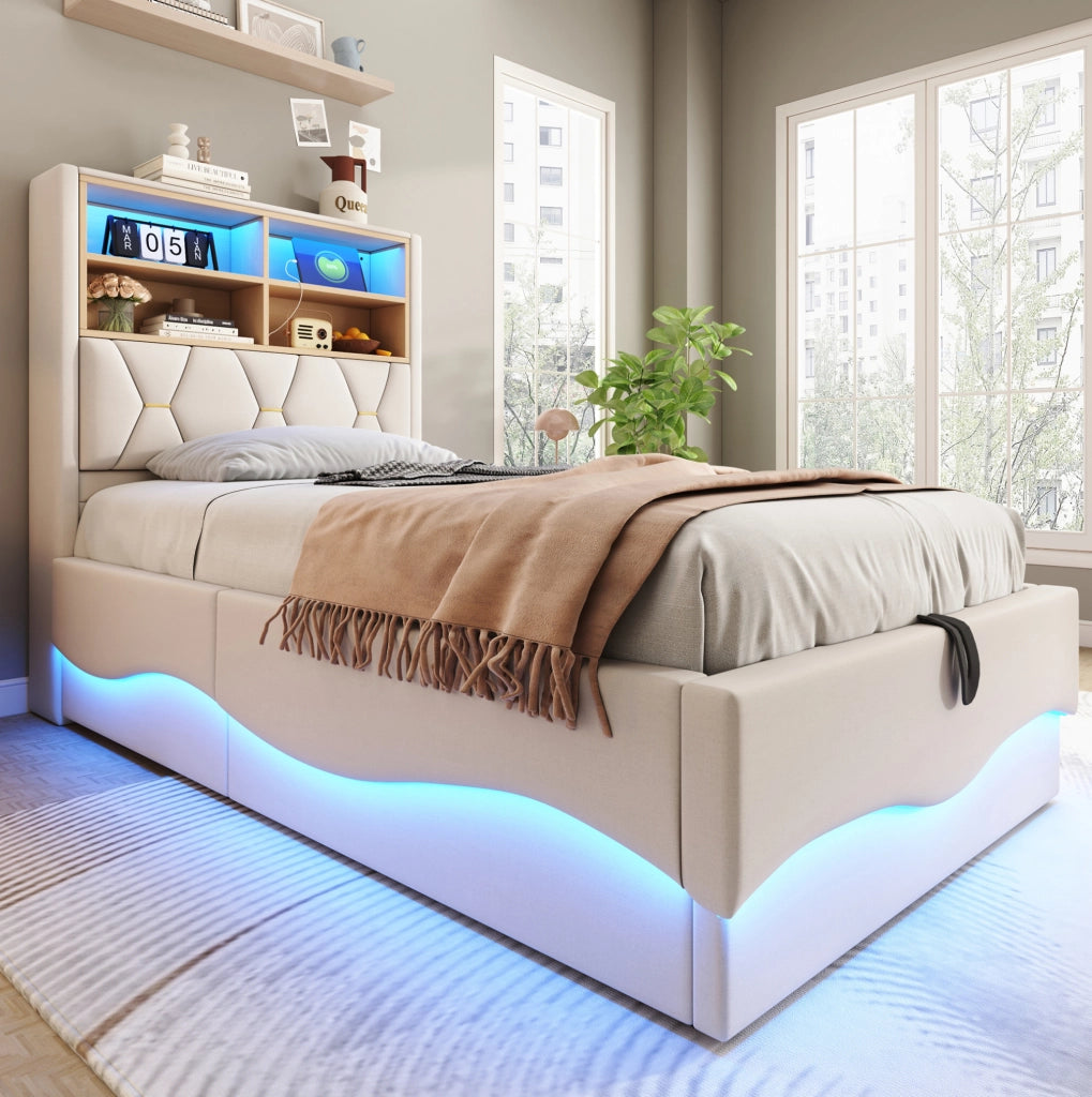 Letto per bambini 90x200 cm con contenitore; LED e USB in ferro e lino beige