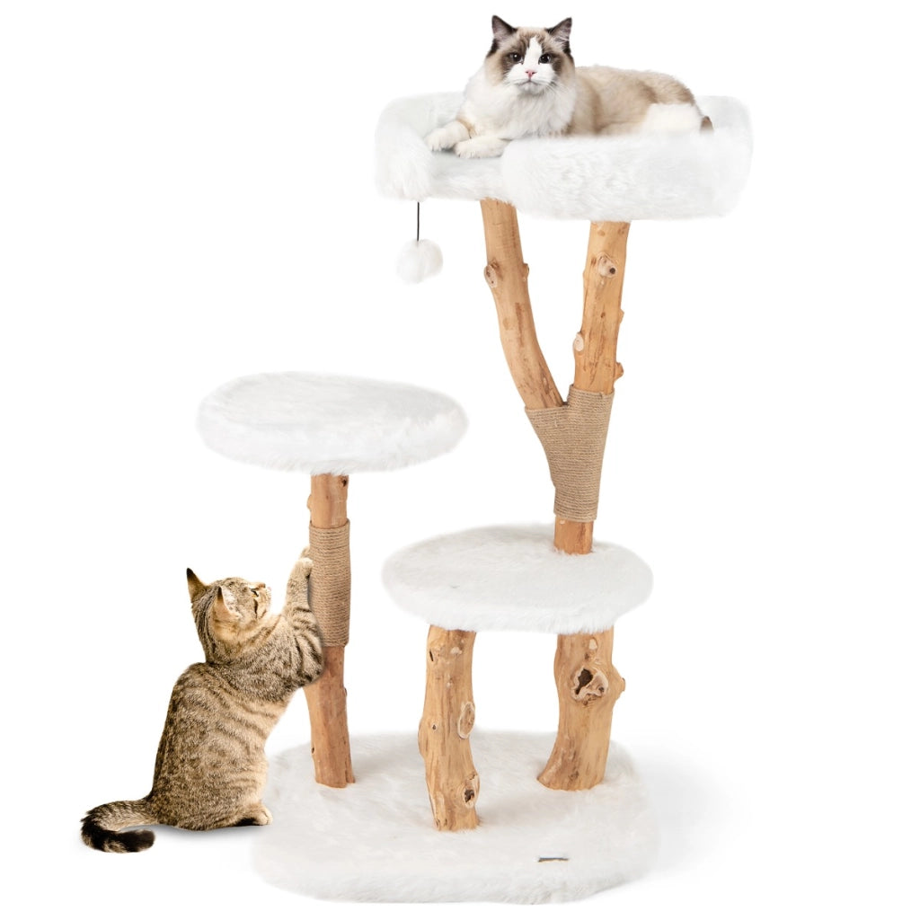 Albero per gatti in legno alto 110cm con piattaforma pali in corda di juta, Torre per gatti in peluche lunga Bianco