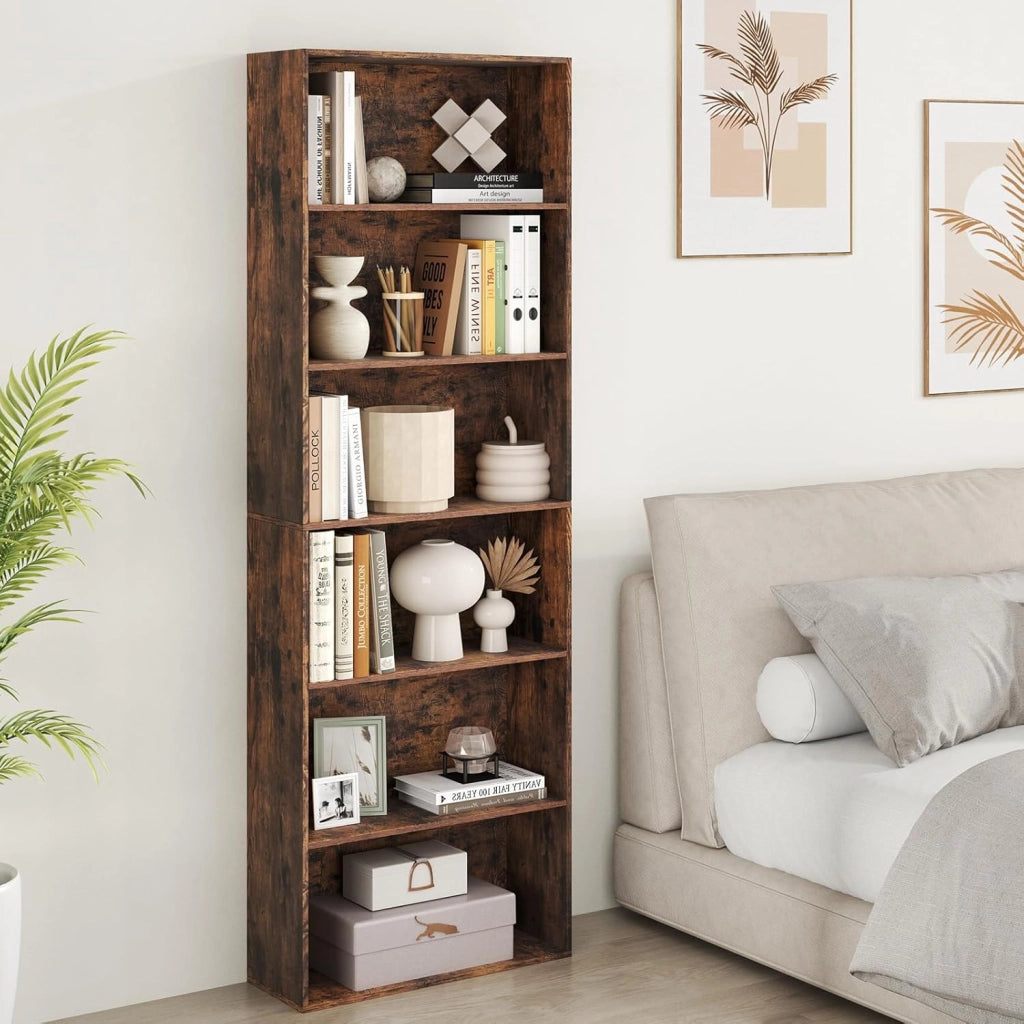 Libreria a 6 Livelli, Mobile Contenitore Aperto con 2 Kit Anti-Ribaltamento, Piedini Antiscivolo, Scaffale Moderno per Soggiorno, Camera da Letto e Ufficio, 660 x 23,5 x 178 cm (Marrone)