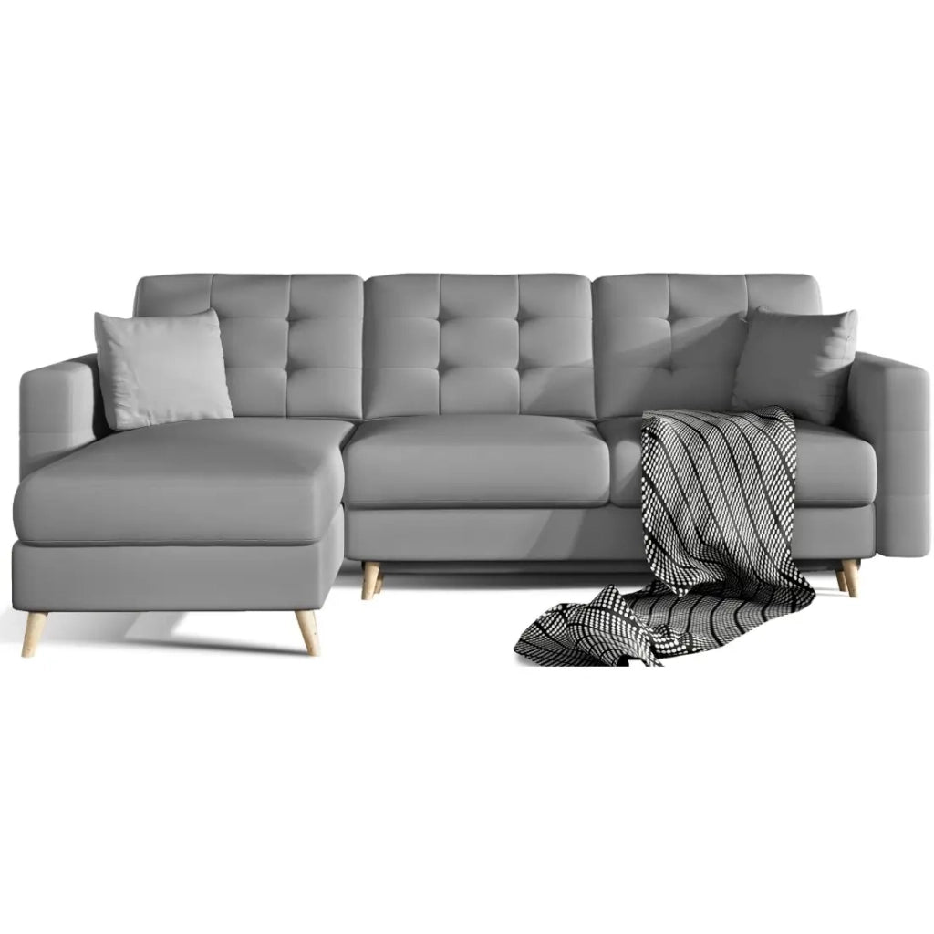 Divano angolare trasformabile HASGARD 3 posti grigio 248x162 cm – con vano contenitore e piedi in legno