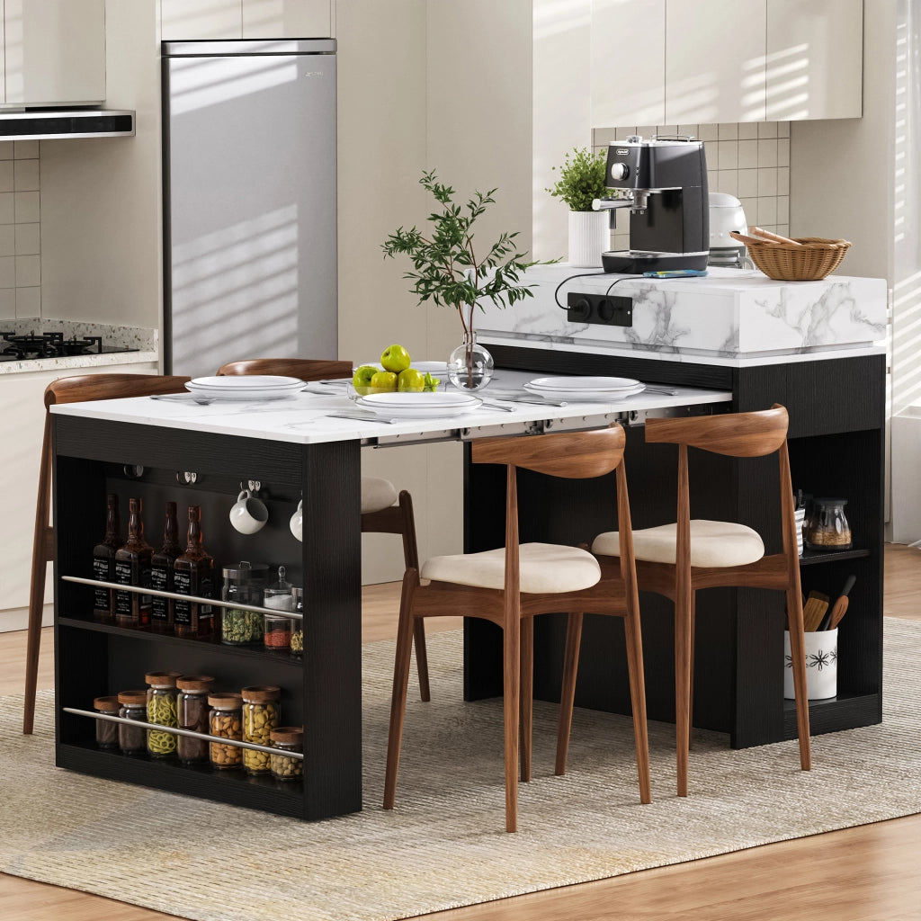 Isola da Cucina con 1 Cassetto; 1 Anta in Vetro; Piano Ribaltabile e Prese; in MDF e Vetro; Nero