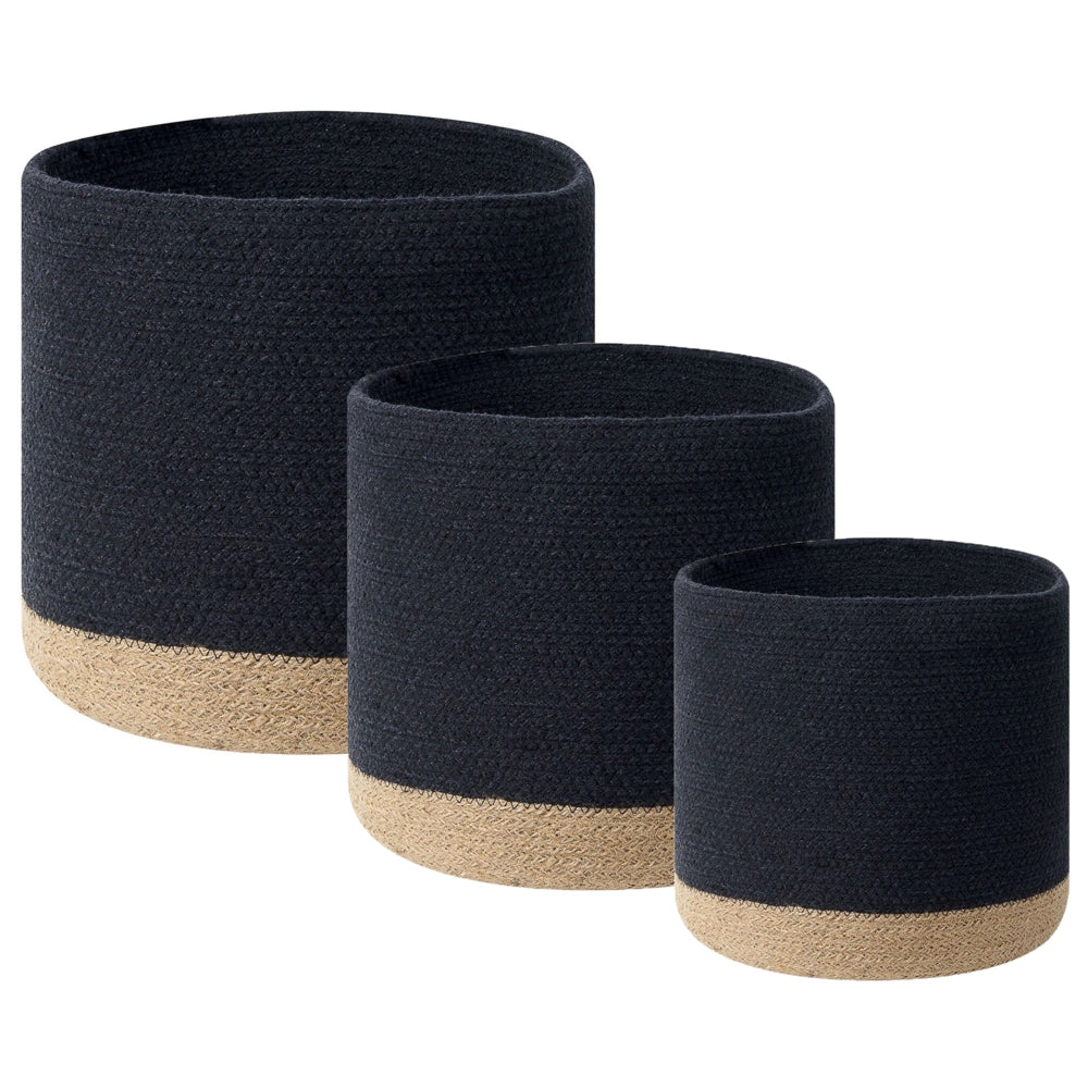 Set di 3 cestini portaoggetti in cotone iuta nero e naturale portabiancheria Boho