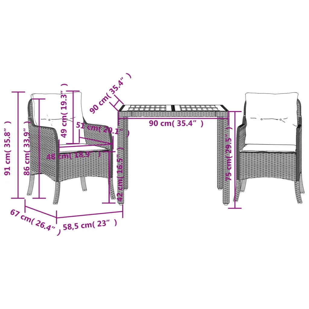 Set da Pranzo da Giardino 3 pz | Set Salotto da Giardino con Cuscini Nero in Polyrattan
