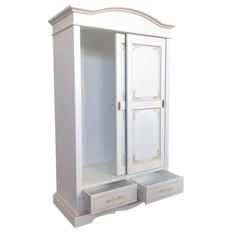 Armadio 2 ante scorrevoli legno shabby bianco decorato filo rosa 122x59x200 - Mobili 2G