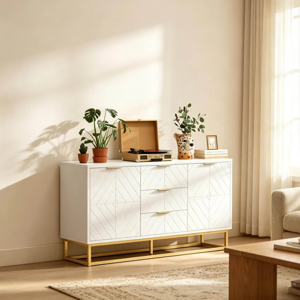 Credenza 120x40x76 cm in MDF e metallo bianco e oro, 2 ante 3 cassetti -