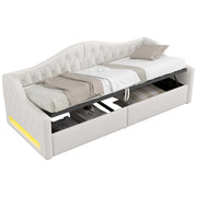 Letto a Divanetto 90x200 cm con Schienale; LED e Contenitore; Imbottito in Lino - Beige