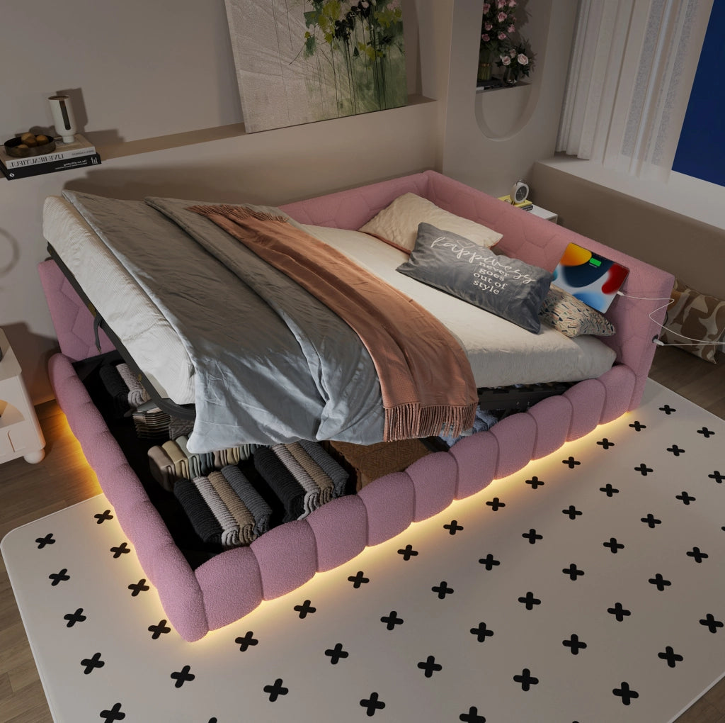 LETTO Daybed 140x200 cm Rosa con LED, USB, Tipo-C e vano contenitore