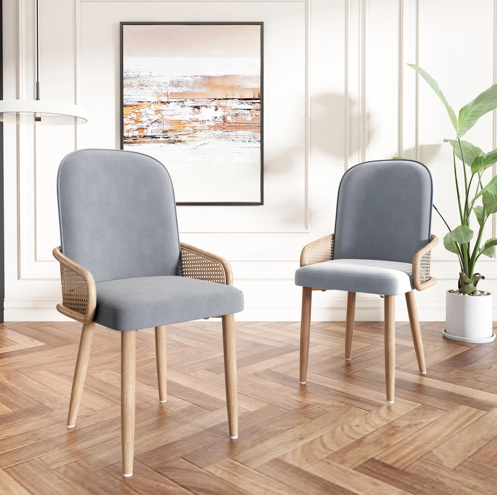 Set di 2 sedie da pranzo in velluto grigio con rattan