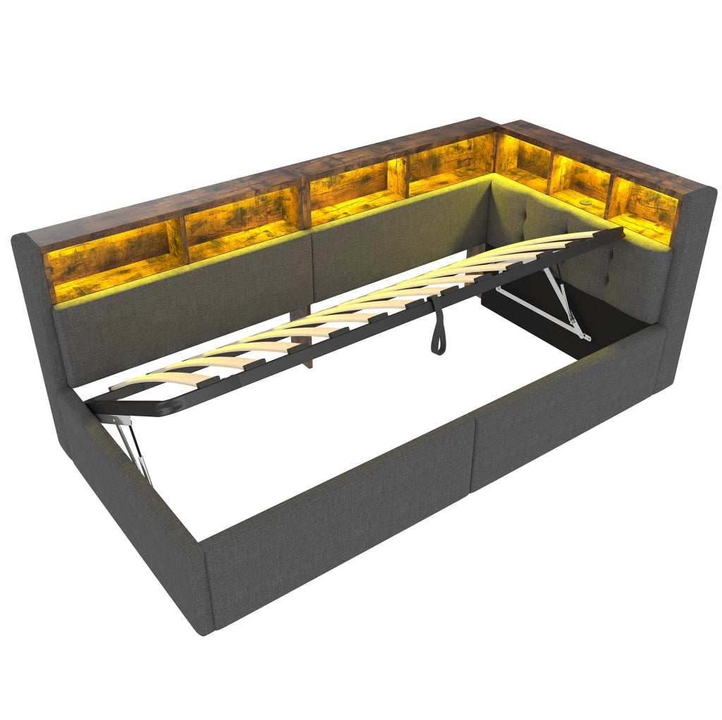 Divano letto 90x200 cm con luci LED e porte USB e Tipo C; in lino grigio