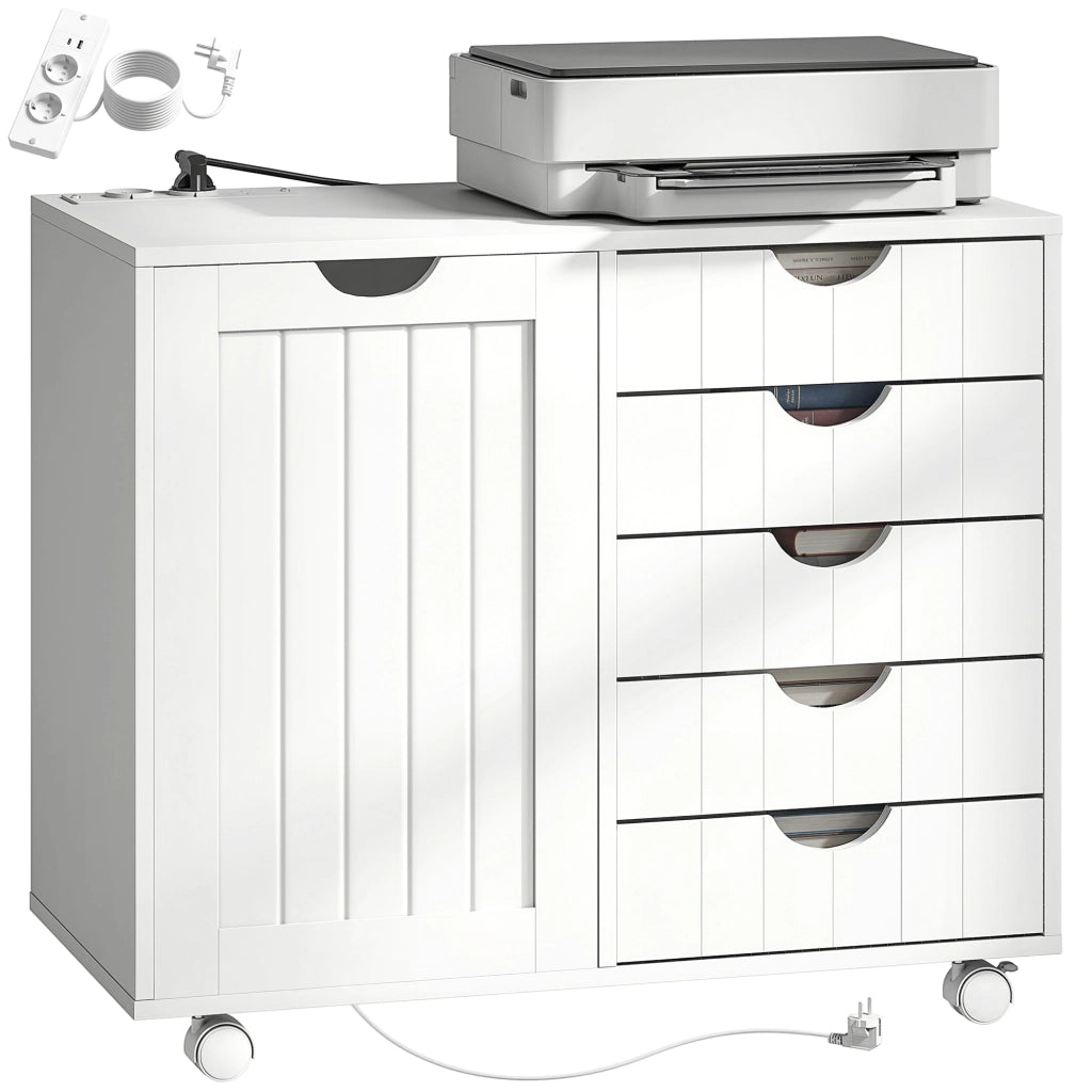 Scrivania con cassetti e ruote ¨C zephmum ¨C 5 cassetti, USB, bianco