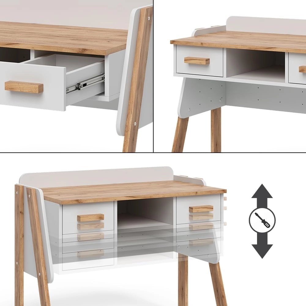 Scrivania Malia, Bianco/Artisan, 97 x 51 cm con 2 cassetti, regolabile in altezza per una configurazione flessibile della postazione di lavoro