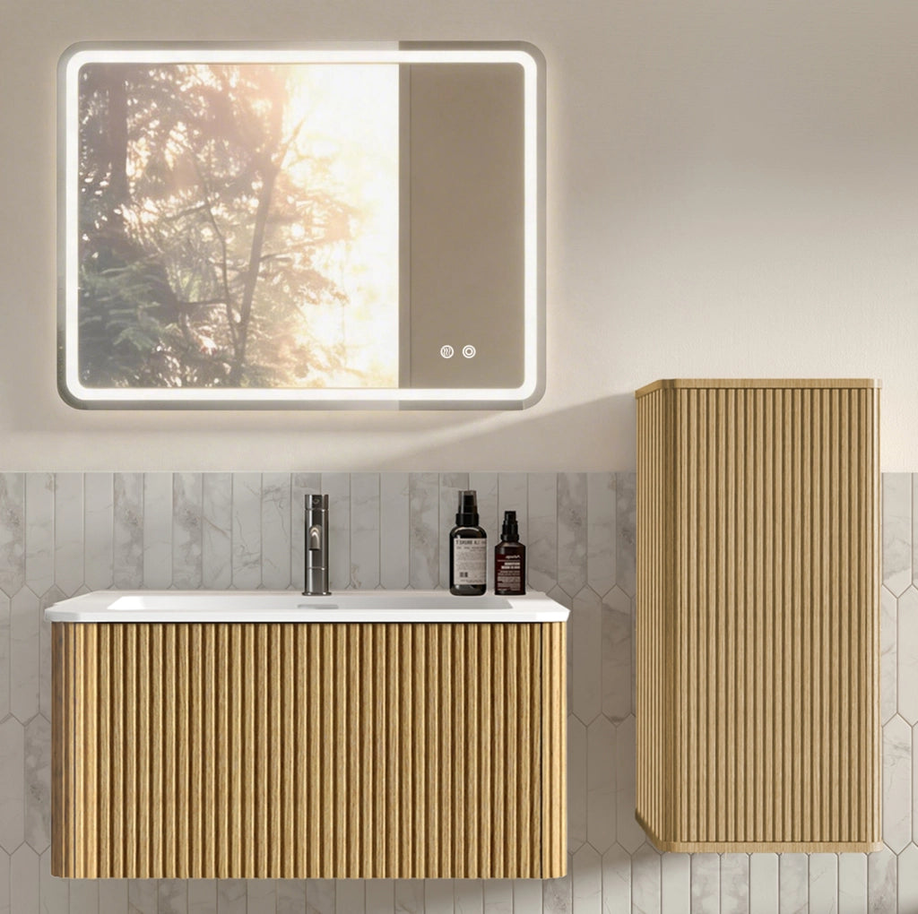 Set mobili bagno sospesi rovere MDF con lavabo; specchio LED e colonna