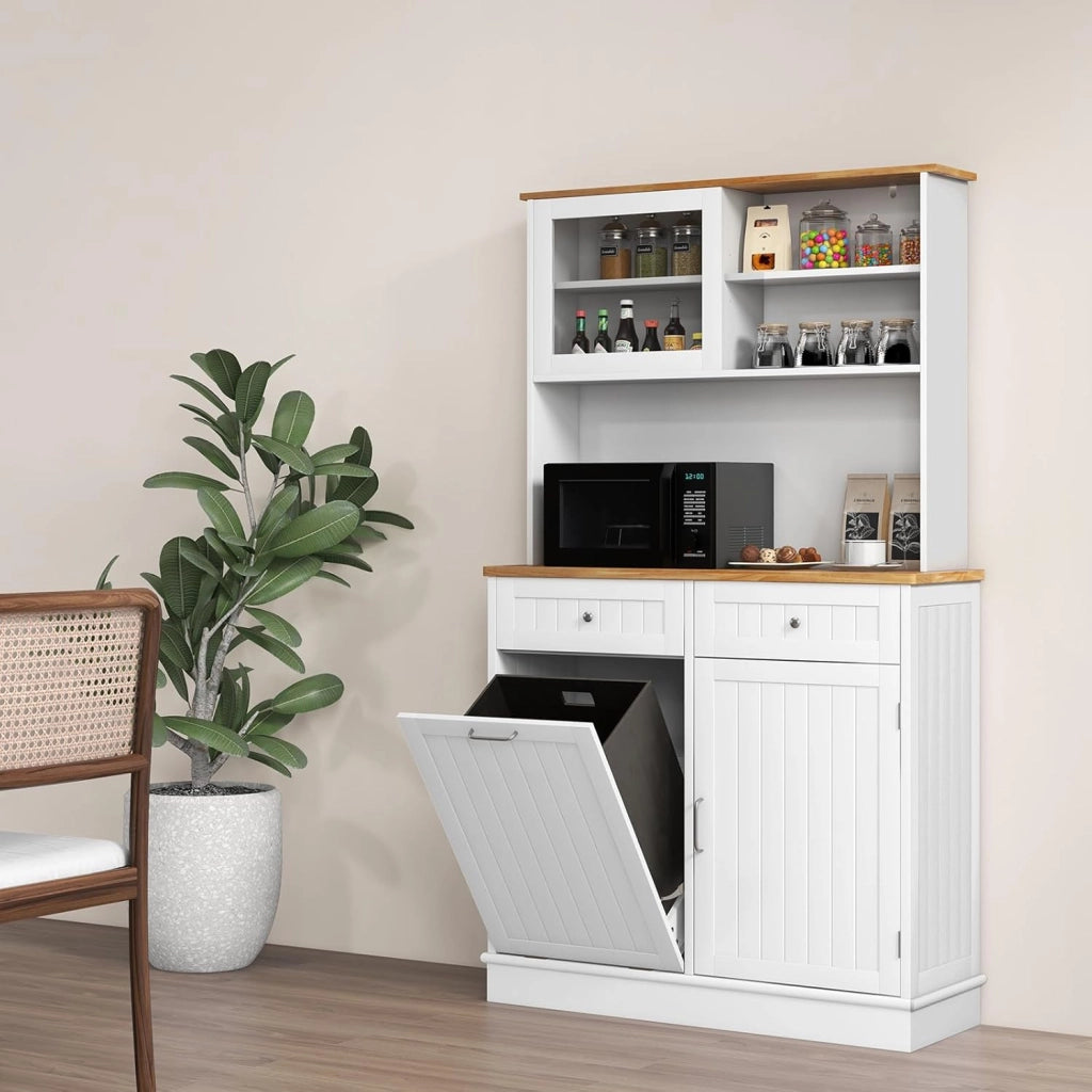Credenza da Cucina con 3 Ante, 2 Cassetti e Pattumiera 38 L, Piano di Lavoro in Legno, 3 Ripiani Regolabili e 4 Armadi, 100 x 34 x 172 cm, Ideale per Cucina e Soggiorno (Bianco)