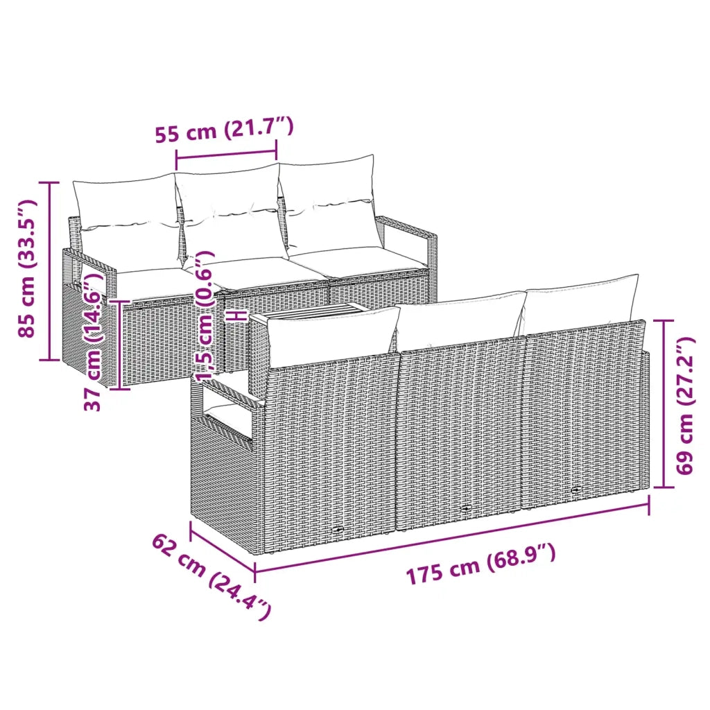 Set Divano da Giardino con cuscino 7 pcs Nero polyrattan