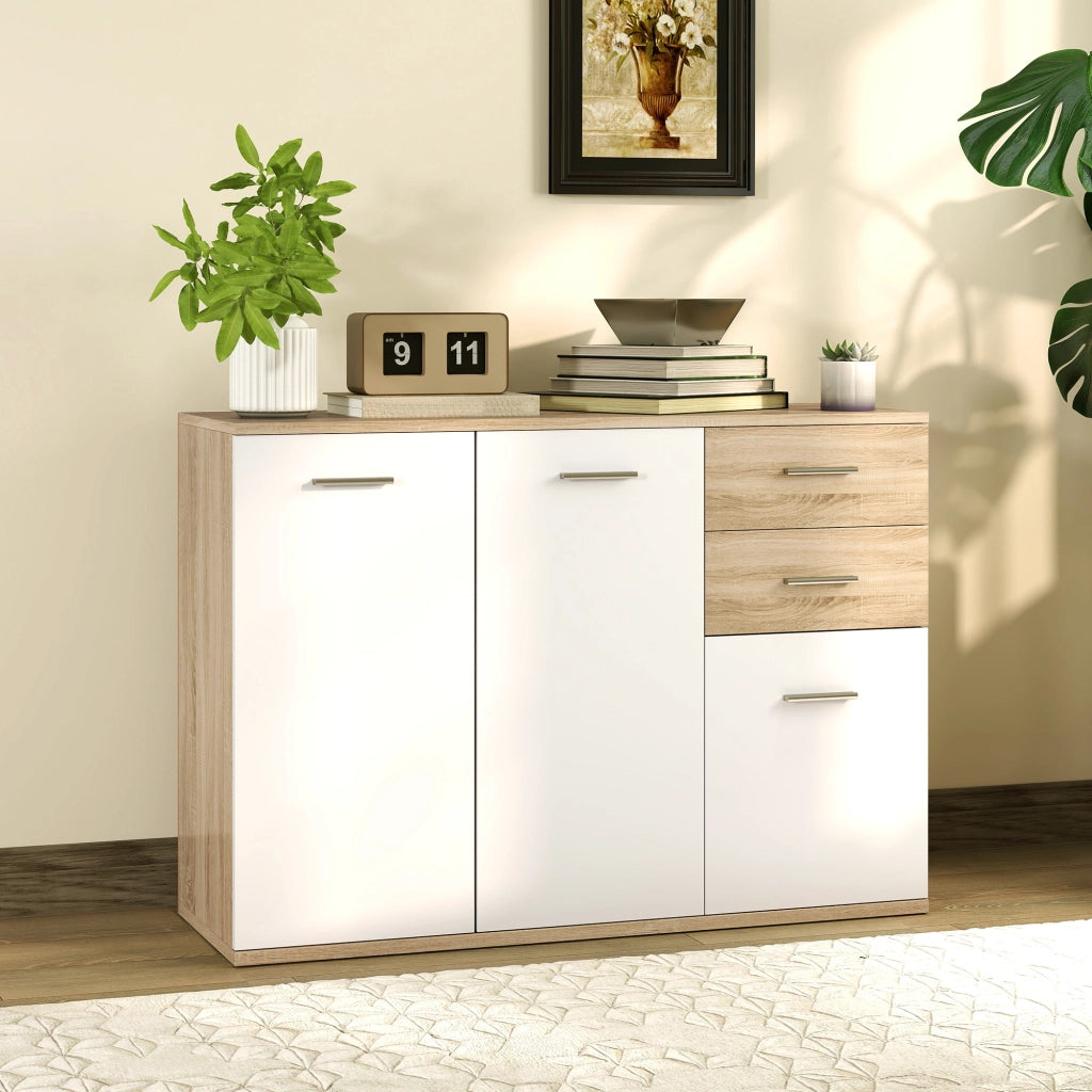 Cassettiera con 2 cassetti e 3 ante ¨C Minimal ¨C bianco e legno naturale 106x35x76 cm